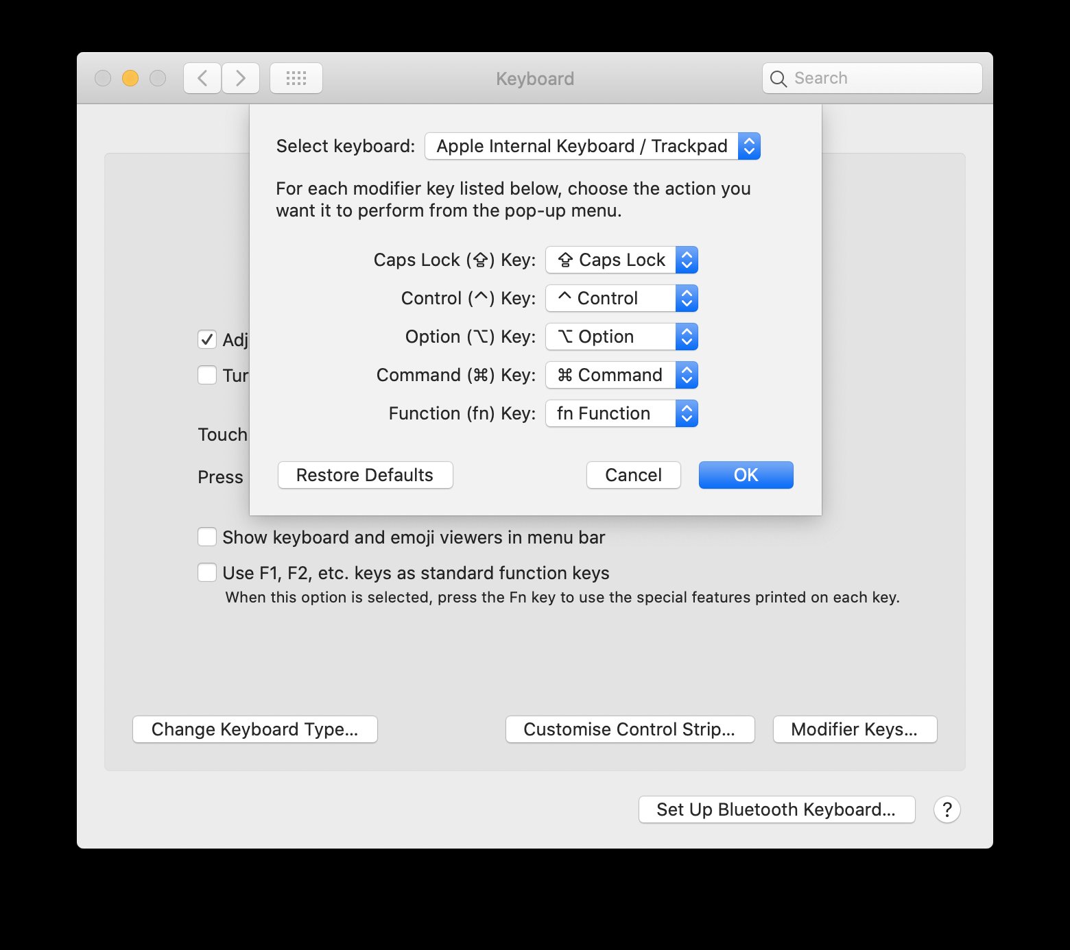 Modifier Keys preference pane with the Function (fn) Key