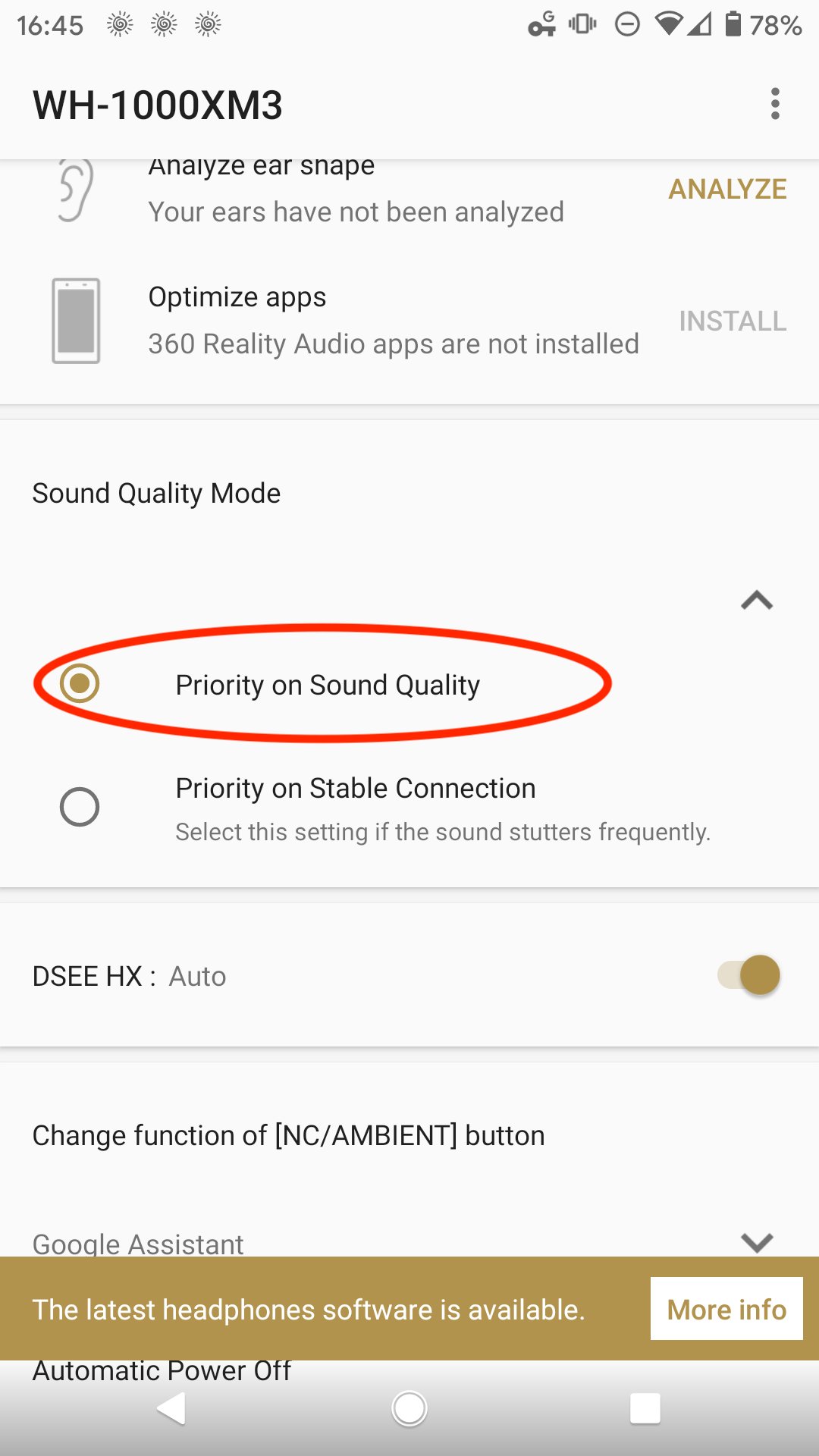 Screenshot of enable "Priority on Sound Quality" option