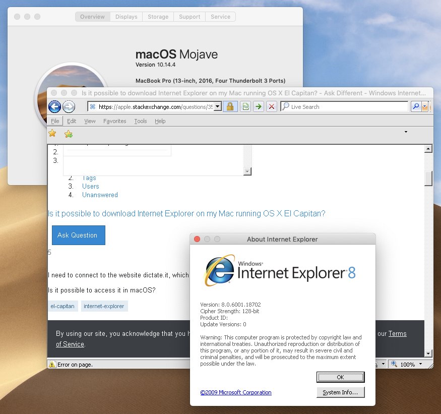 Internet Explorer 8 running natively on macOS Mojave using wine through CrossOver front-end